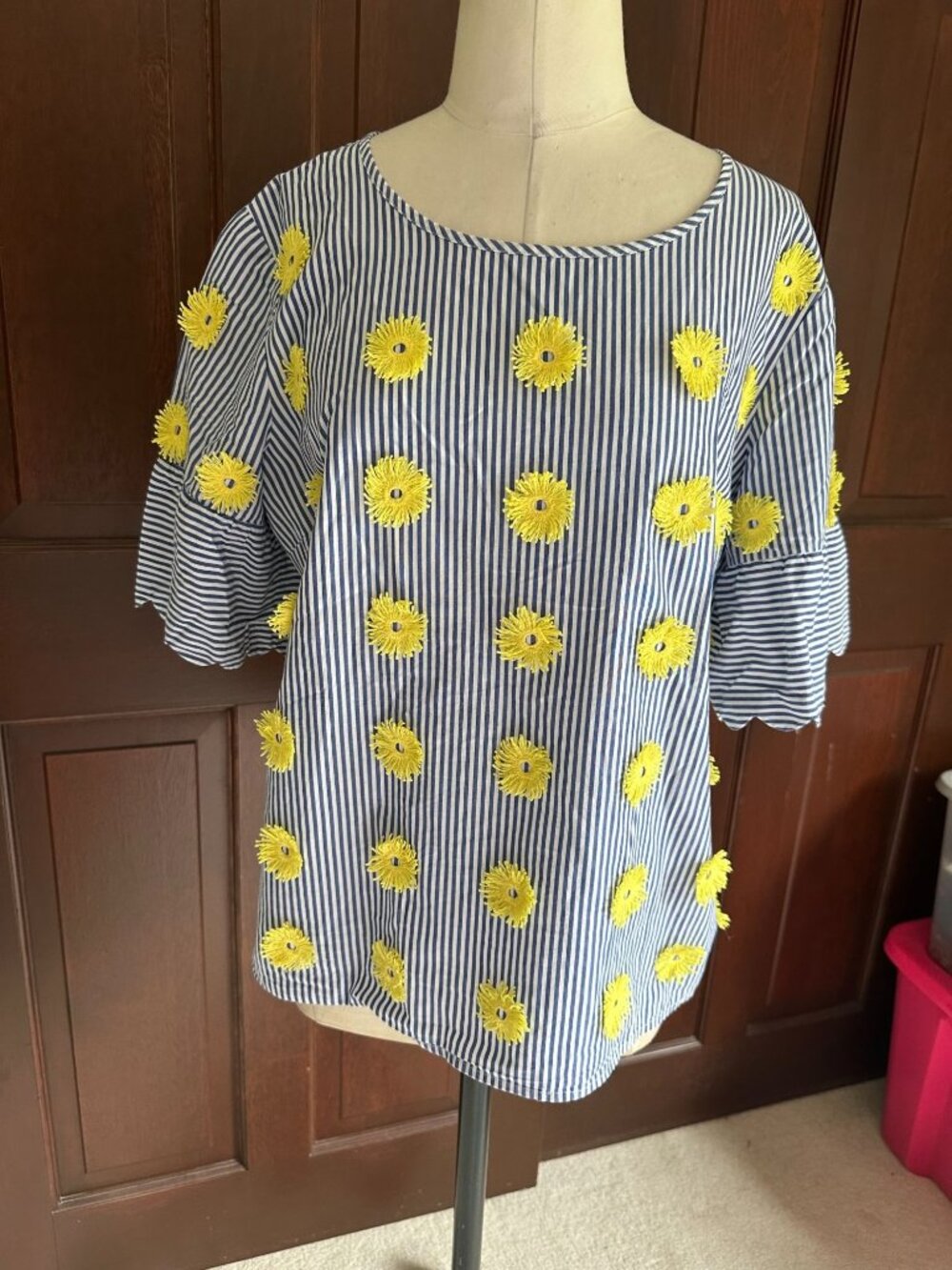 Talbots - Blue Stripe W/ Yellow Appliqués flowers Short Sleeve Blouse Size L